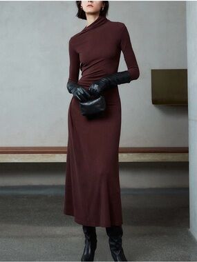 NWT Commense Long-Sleeve Wrap-Neck Maxi Dress in Deep Brown